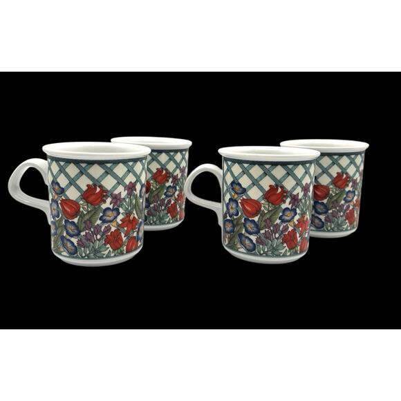 Dansk Mugs Set 4 Nordic Garden Coffee Cups Floral Lattice Multicolor Porcelain - Picture 1 of 14
